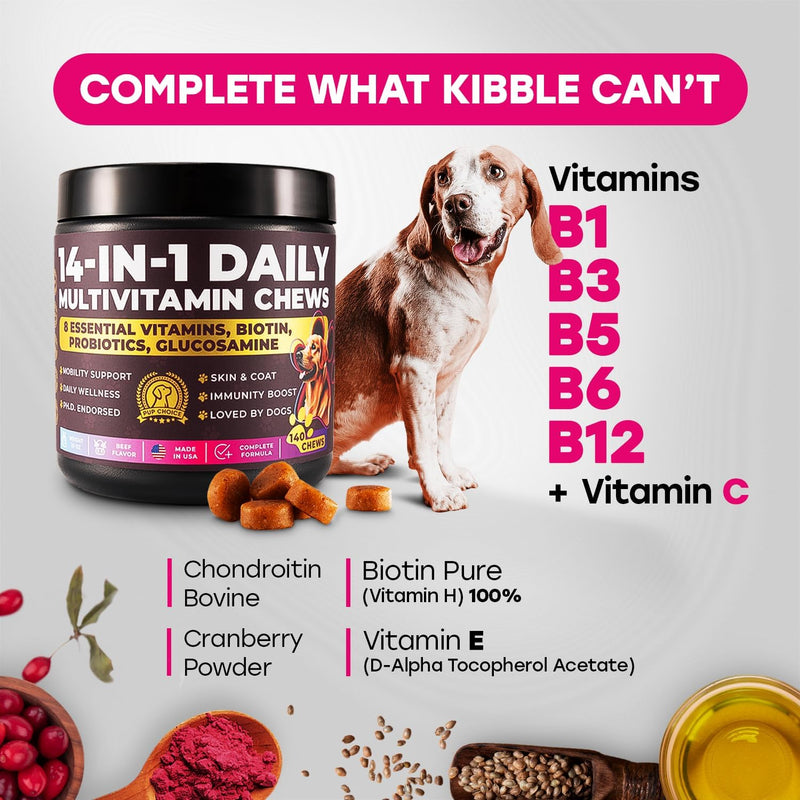 14-in-1-multivitamin-treats-for-dogs---phd-endorsed-8-vitamins-biotin-probiotics-glucosamine---daily-wellness-immunity-skin-coat-mobility-140-treats---beef-flavor---made-in-usa-2