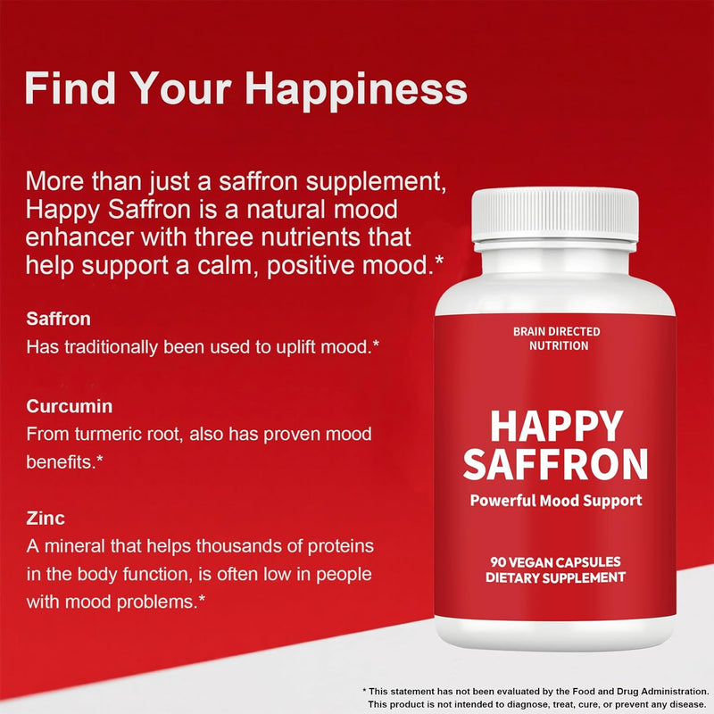 Happy Saffron Supplements, Optimized Organic Saffron Extract, Curcumin & Zinc, Vegan Gluten Free Non-GMO Pills May Support Mood, Focus, Vision, Eye Health for Women & Men 90 Capsules (30 Servings)