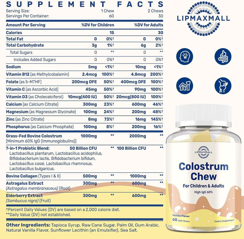 bovine-colostrum-chews-supplement-with-60-igg-for-humans-women-men-kids--for-immune-gut-bone-joint-cognitive-overall-growth-from-grass-fed-cows-vanilla-flavor-60-soft-chews-2-bottles-2