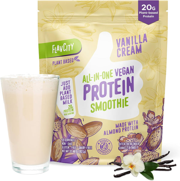 flavcity-vegan-protein-powder---vanilla-smoothie---20g-almond-plant-based-protein-powder---dairy-free-shake---with-organic-fruit-reishi-cordecyps-mushrooms---no-blender-needed-15-servings-1
