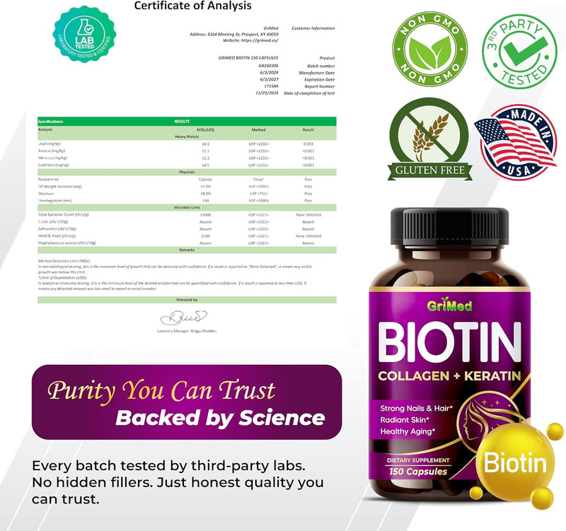 grimed-biotin-with-collagen-keratin-7275mg-strong-nails-hair-radiant-skin-healthy-aging--usa-made-tested-150-count-pack-of-1-5