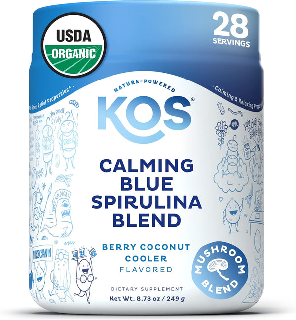 kos-calming-blue-spirulina-blend--usda-certified-organic---algae-superfood-powder-with-ashwagandha-root-lemon-balm-reishi-mushroom-b-vitamins---berry-coconut-cooler-flavor-28-servings-1