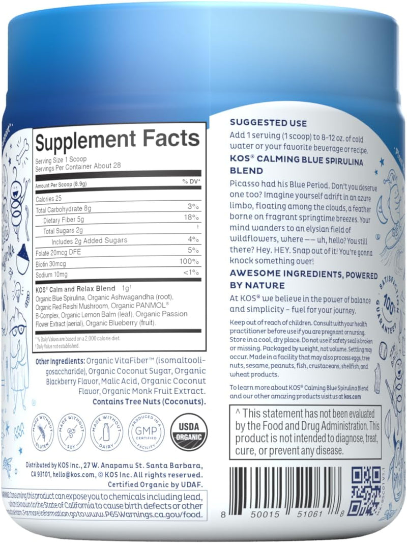 kos-calming-blue-spirulina-blend--usda-certified-organic---algae-superfood-powder-with-ashwagandha-root-lemon-balm-reishi-mushroom-b-vitamins---berry-coconut-cooler-flavor-28-servings-2