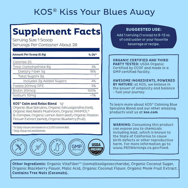 kos-calming-blue-spirulina-blend--usda-certified-organic---algae-superfood-powder-with-ashwagandha-root-lemon-balm-reishi-mushroom-b-vitamins---berry-coconut-cooler-flavor-28-servings-3