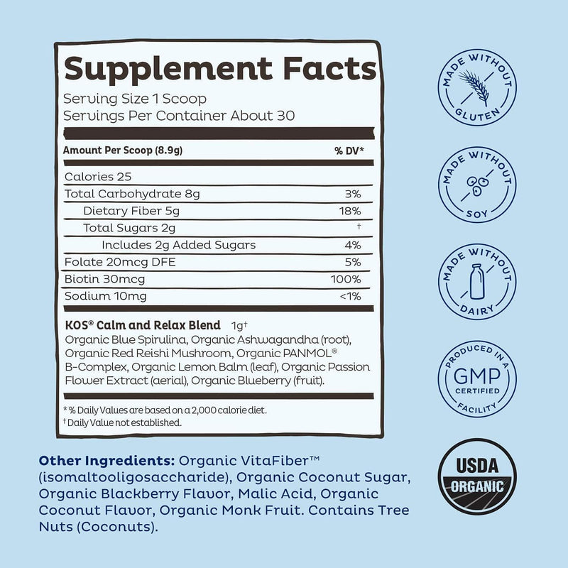 kos-calming-blue-spirulina-blend--usda-certified-organic---algae-superfood-powder-with-ashwagandha-root-lemon-balm-reishi-mushroom-b-vitamins---berry-coconut-cooler-flavor-28-servings-4