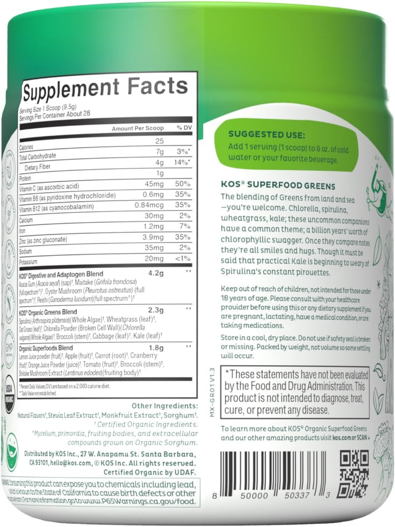 kos-organic-super-greens-powder-erythritol-free---plant-based-superfood-blend-with-spirulina-chlorella-wheatgrass---usda-certified-organic-green-juice-smoothie---apple-flavor---28-servings-6
