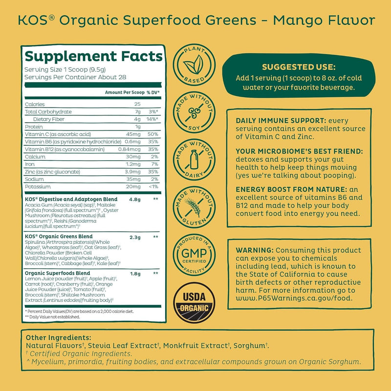 kos-organic-superfood-greens-powder---gut-health-from-prebiotic-fiber-supergreens-and-adaptogens---usda-certified-organic-made-in-a-gmp-certified-facility---28-servings-mango-3
