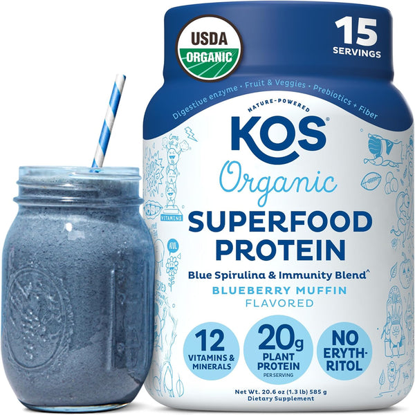 kos-plant-based-protein-powder-blueberry-muffin---organic-pea-protein-superfood-with-spirulina-and-immune-support-blend-soy-gluten-dairy-free---vegan-meal-replacement-for-women-men---15-servings-1
