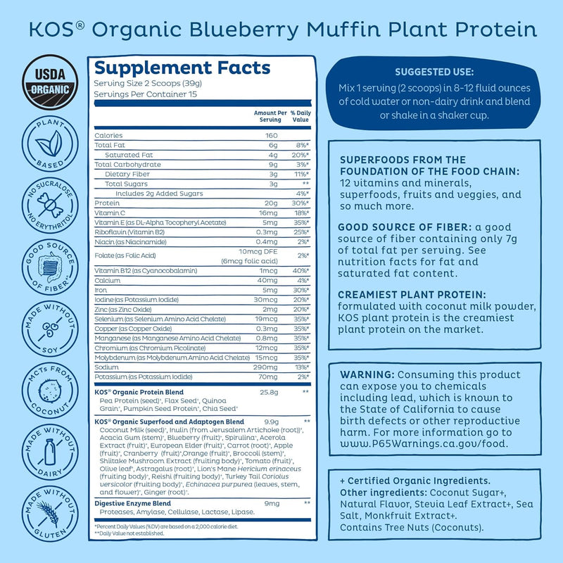 kos-plant-based-protein-powder-blueberry-muffin---organic-pea-protein-superfood-with-spirulina-and-immune-support-blend-soy-gluten-dairy-free---vegan-meal-replacement-for-women-men---15-servings-9