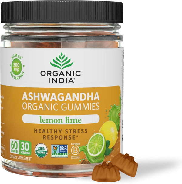organic-india-ashwagandha-gummies-for-men-women---stress-supplement-ksm-66-ashwagandha-root-extra-strength-calm-chews-vegan-non-gmo---lemon-lime-60-gummies-1