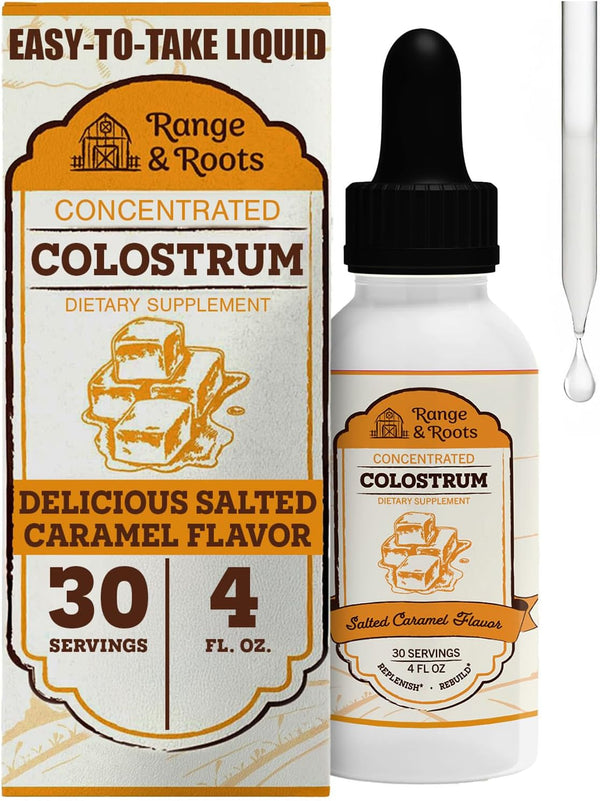 range-roots-colostrum-supplement---liquid-bovine-colostrum---alternative-to-colostrum-powder---support-gut-health-immunity-energy---healthy-hair-skin-nails---salted-caramel-flavor-30-servings-1