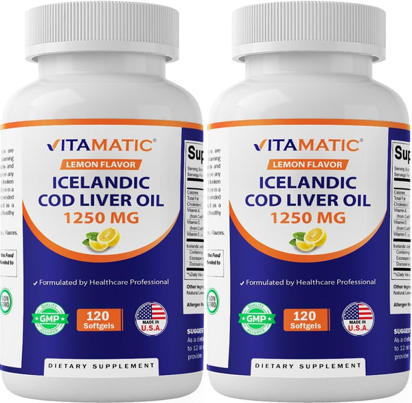 vitamatic-2-pack-icelandic-cod-liver-oil-capsules-1250mg-120-softgels-lemon-flavor---promotes-cardiovascular-health-1