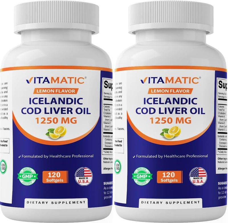 vitamatic-2-pack-icelandic-cod-liver-oil-capsules-1250mg-120-softgels-lemon-flavor---promotes-cardiovascular-health-1