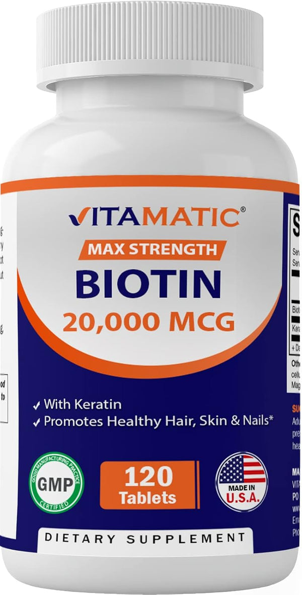 vitamatic-high-potency-biotin-20000-mcg-20mg-with-keratin-100mg---120-vegetarian-tablets---biotin-supplements-for-healthy-hair-skin-nails-for-adults-120-count-pack-of-1-1