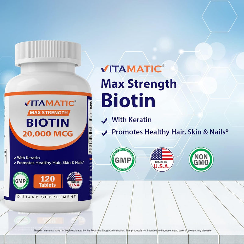 vitamatic-high-potency-biotin-20000-mcg-20mg-with-keratin-100mg---120-vegetarian-tablets---biotin-supplements-for-healthy-hair-skin-nails-for-adults-120-count-pack-of-1-3
