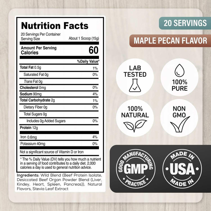 wild-grass-fed-beef-protein-powder-with-beef-organs-complex---sugar-free-protein-shake---low-carb-calories---ketopaleocarnivore-friendly---wheybloatinglactose-free---maple-pecan-10oz-2