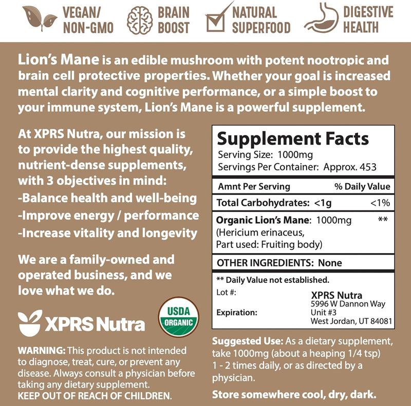 xprs-nutra-organic-lions-mane-mushroom-powder---premium-for-mental-clarity-cognition-and-immunity---vegan-friendly-16-oz-5
